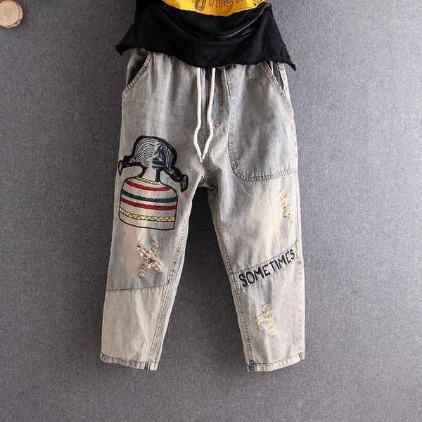 2020 summer cartoon jeans embroidered hole women ripped cotton denim harem pants casual ladies lace up trousers1, Blue
2020 summer cartoon jeans embroidered hole women ripped cotton denim harem pants casual ladies lace up trousers1, Blue