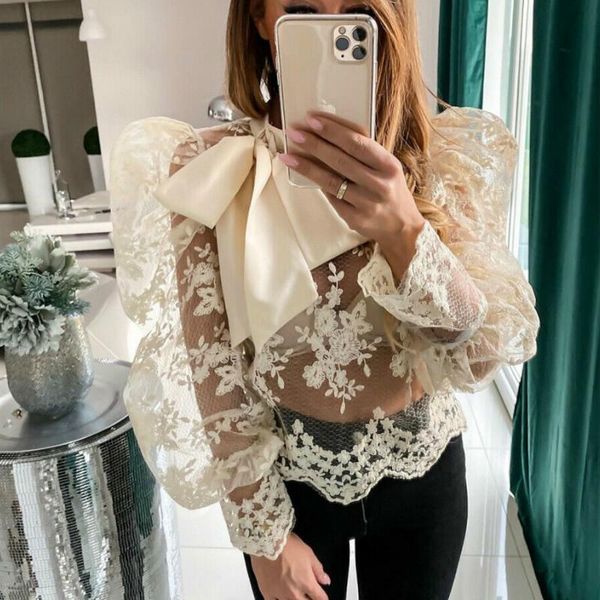 ladies fashion street casual see-through blouse shirt women summer puff long sleeve sheer mesh floral, White
ladies fashion street casual see-through blouse shirt women summer puff long sleeve sheer mesh floral, White