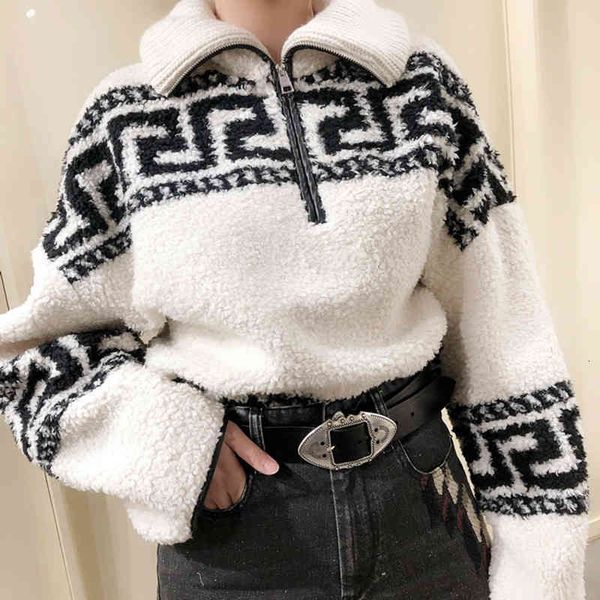 women's sweaters half zipper sweater long sleeve vintage pattern turn-down collar knitwear jo95, White;black
women's sweaters half zipper sweater long sleeve vintage pattern turn-down collar knitwear jo95, White;black