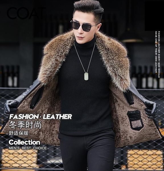 men's leather & faux man's winter genuine coat sheep jacket man raccoon fur collar natural really jackets, Black
men's leather & faux man's winter genuine coat sheep jacket man raccoon fur collar natural really jackets, Black