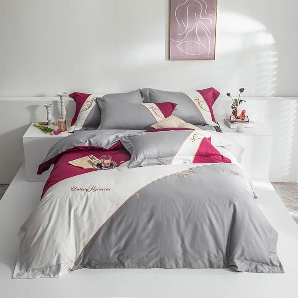 bedding sets svetanya grey pink european stripes soft satin embroidery bedlinens 80s egyptian cotton king size duvet cover set