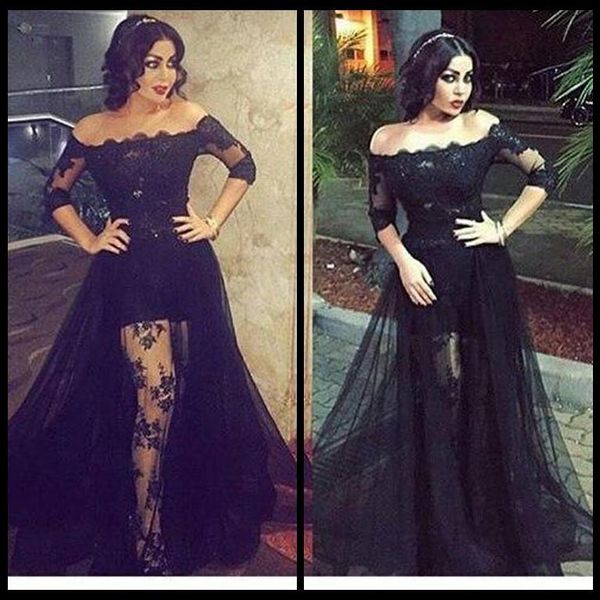 off shoulder black formal evening dresses with half long sleeves lace celebrity party gowns backless prom dresses see through p200
off shoulder black formal evening dresses with half long sleeves lace celebrity party gowns backless prom dresses see through p200