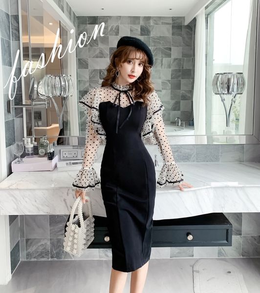 2021 balck mermaid spring fashion flare sleeves polka dot mesh patchwork dress women high waist package hip pencil party dress, Black;gray
2021 balck mermaid spring fashion flare sleeves polka dot mesh patchwork dress women high waist package hip pencil party dress, Black;gray