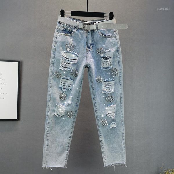 rhinestone distressed women jeans summer new high waist hole straight ankle length casual all match female jeans, Blue
rhinestone distressed women jeans summer new high waist hole straight ankle length casual all match female jeans, Blue