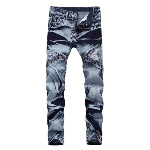 mens printed pleated biker jeans men slim skinny motocycle ripped holes zippers retro denim trousers for male pants, Blue
mens printed pleated biker jeans men slim skinny motocycle ripped holes zippers retro denim trousers for male pants, Blue
