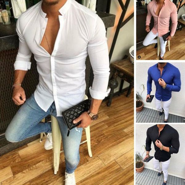 

2020 men's slim v neck long sleeve muscle solid shirt casual shirts blouse men fit buttons shirt drop shipping, White;black