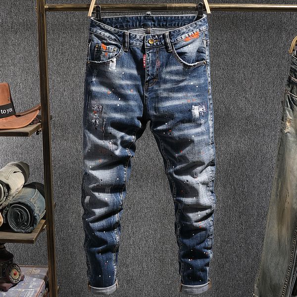 2021 new korean style fashion black blue slim fit ripped men denim pencil pants elastic vintage designer jeans homme j072
2021 new korean style fashion black blue slim fit ripped men denim pencil pants elastic vintage designer jeans homme j072