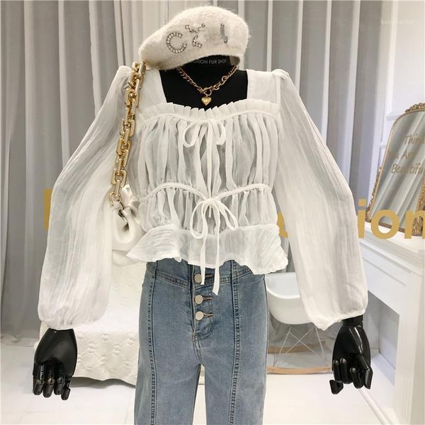 short drawstring pleated chiffon shirt women's 2020 summer new retro square collar loose korean slim tide1, White
short drawstring pleated chiffon shirt women's 2020 summer new retro square collar loose korean slim tide1, White