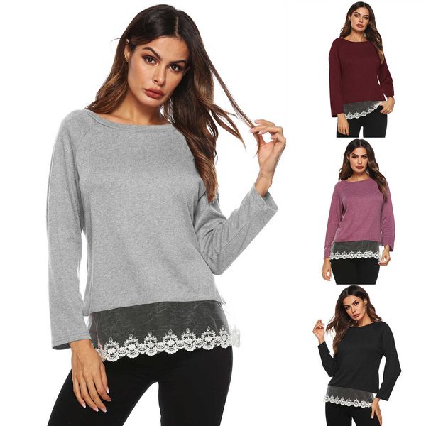 women lace panelled long sleeve tshirts casual patchwork female spring autumn solid color thin pullover, White
women lace panelled long sleeve tshirts casual patchwork female spring autumn solid color thin pullover, White
