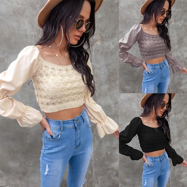 women's knitting long-sleeved square neckline stitching short knit sweater slim pullover open back sweater women1, White;black
women's knitting long-sleeved square neckline stitching short knit sweater slim pullover open back sweater women1, White;black