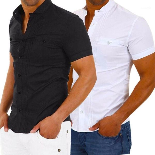 summer men stylish casual dress slim fit shirt short sleeve pleated formal business shirts 1, White;black
summer men stylish casual dress slim fit shirt short sleeve pleated formal business shirts 1, White;black