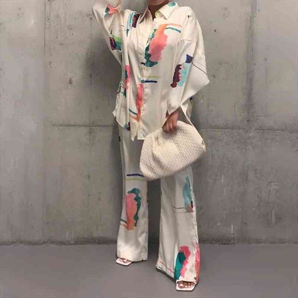 design 2 pcs women set print turn-down collar blouse and long pants casual outfits, White
design 2 pcs women set print turn-down collar blouse and long pants casual outfits, White