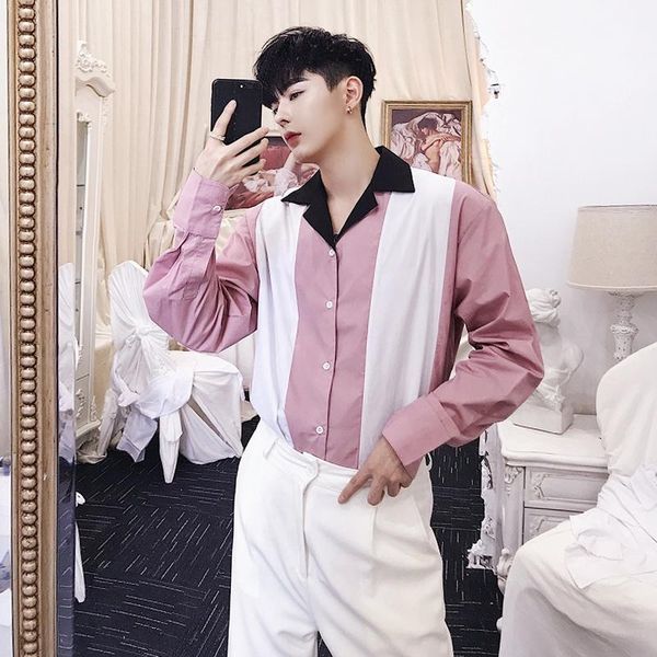 men's casual shirts 2021 college style simple unique design men loose lantern sleeve personality splicing stage costumes, White;black
men's casual shirts 2021 college style simple unique design men loose lantern sleeve personality splicing stage costumes, White;black