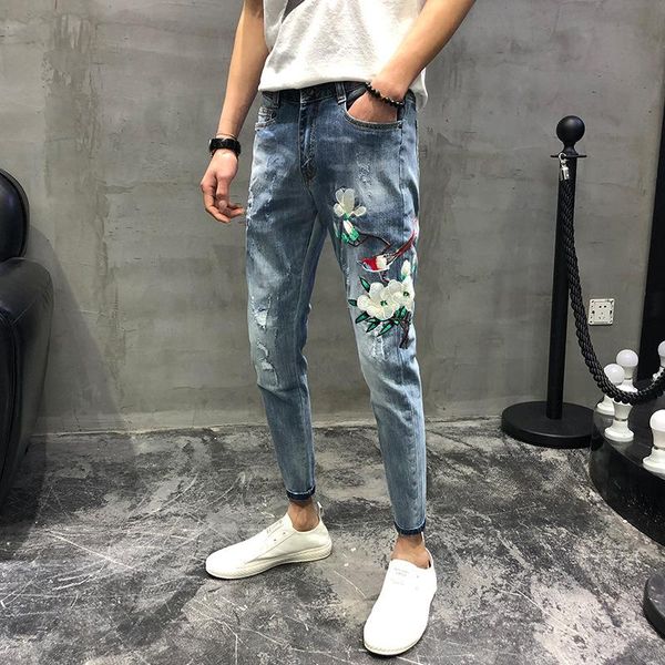 men's jeans spring autumn 2021 style embroidery flower ripped stretch feet pants personality brand retro beggar men, Blue
men's jeans spring autumn 2021 style embroidery flower ripped stretch feet pants personality brand retro beggar men, Blue