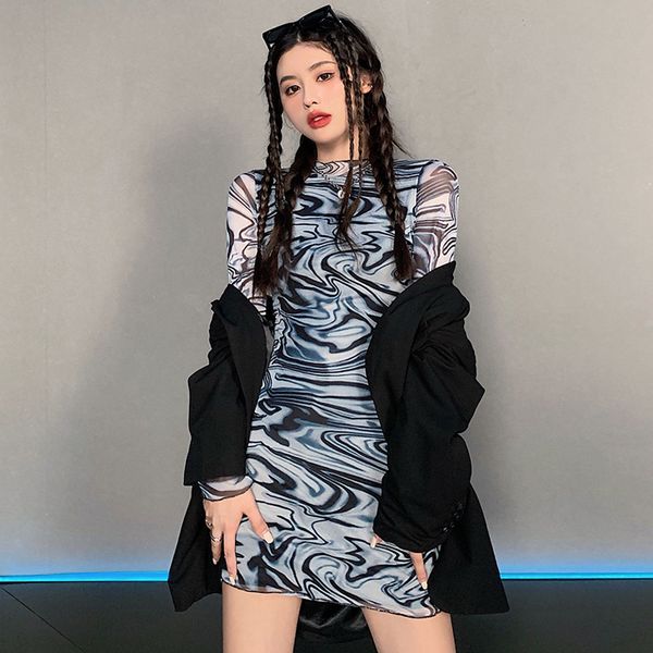 2021 new long background fashion printed thin women's club dress 1il0, Black;gray