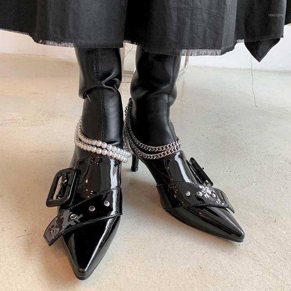 boots 2021 women's mid-calf buckle pointed toe metal chain stilettos shiny leather shoes black m341
boots 2021 women's mid-calf buckle pointed toe metal chain stilettos shiny leather shoes black m341