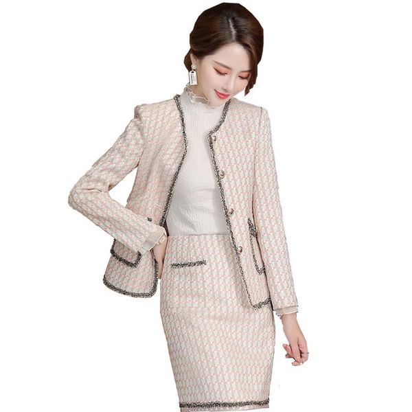 two piece dress 2021 latest pink blue plaid ladies women skirt suits elegant korean design pieces sets, White 
two piece dress 2021 latest pink blue plaid ladies women skirt suits elegant korean design pieces sets, White