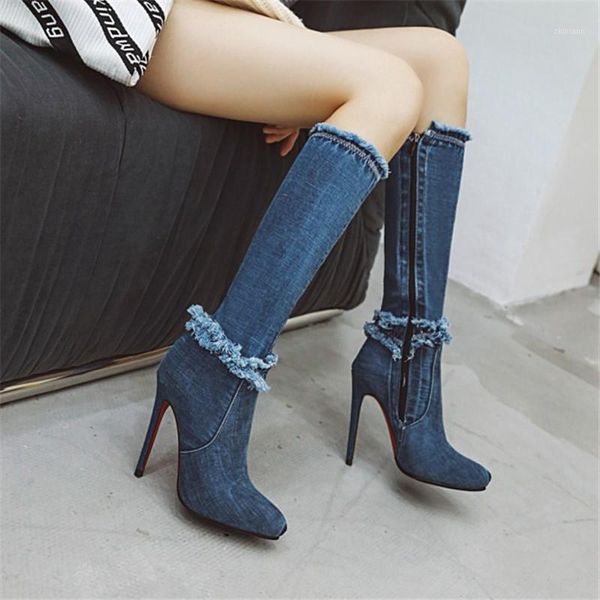 pxelena 2020 retro blue denim knee high boots stiletto heels fashion shoes female party date dress long riding booties 431, Black
pxelena 2020 retro blue denim knee high boots stiletto heels fashion shoes female party date dress long riding booties 431, Black