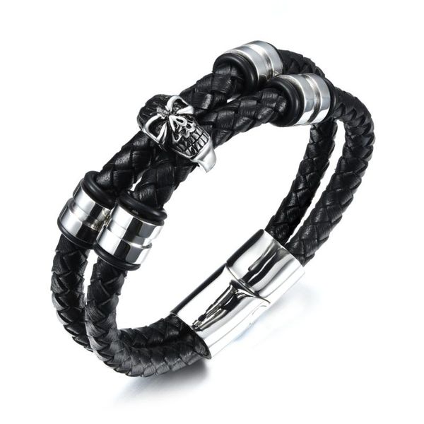 link, chain for men gifts biker skull charms stainless steel with double genuine leather bracelet bangle punk jewelry, Black
link, chain for men gifts biker skull charms stainless steel with double genuine leather bracelet bangle punk jewelry, Black