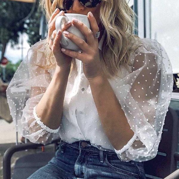 ladies sheer party holiday transparent shirts half sleeves blouse casual1, White