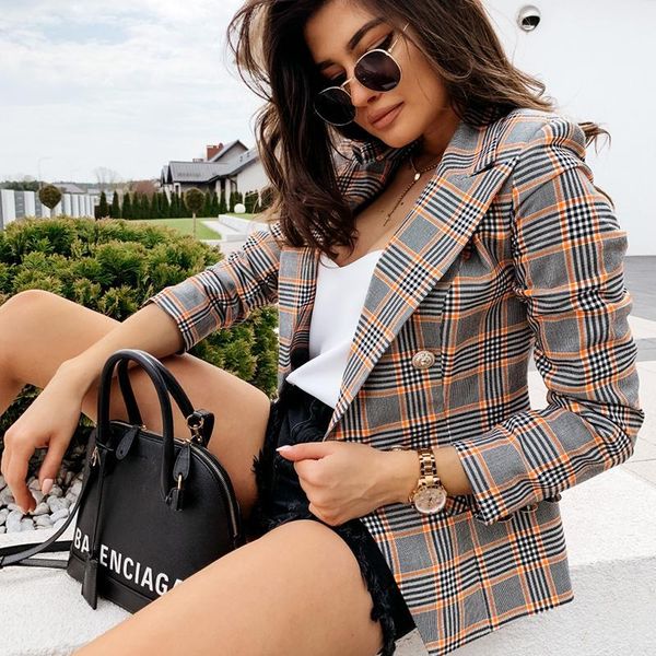 women plaid blazer double breasted pockets jacket 2020 office ladies blazer notched collar female slim coat talever, White;black
women plaid blazer double breasted pockets jacket 2020 office ladies blazer notched collar female slim coat talever, White;black