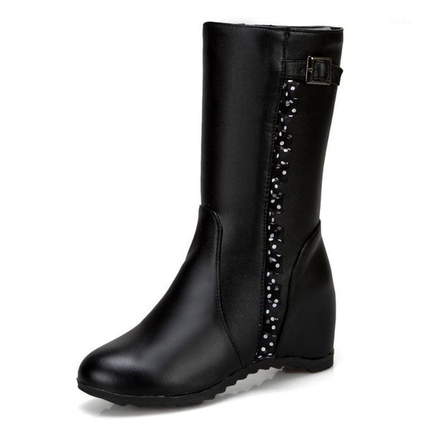 wedge heel heightening belt buckle mid-calf boots applique autumn and winter fashion women's boots side zipper white shoes1, Black
wedge heel heightening belt buckle mid-calf boots applique autumn and winter fashion women's boots side zipper white shoes1, Black