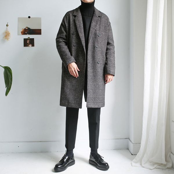 autumn and winter thiened woolen coat medium length korean version handsome thousand bird case windbreaker men's tweed top, Tan;black 
autumn and winter thiened woolen coat medium length korean version handsome thousand bird case windbreaker men's tweed top, Tan;black