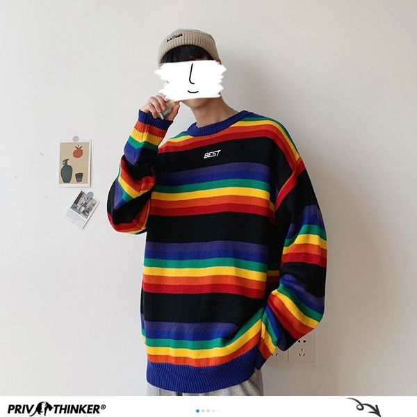 privathinker harajuku autumn men's knitted sweaters korean men rainbow striped pullovers women casual oversized sweater 201130, White;black
privathinker harajuku autumn men's knitted sweaters korean men rainbow striped pullovers women casual oversized sweater 201130, White;black