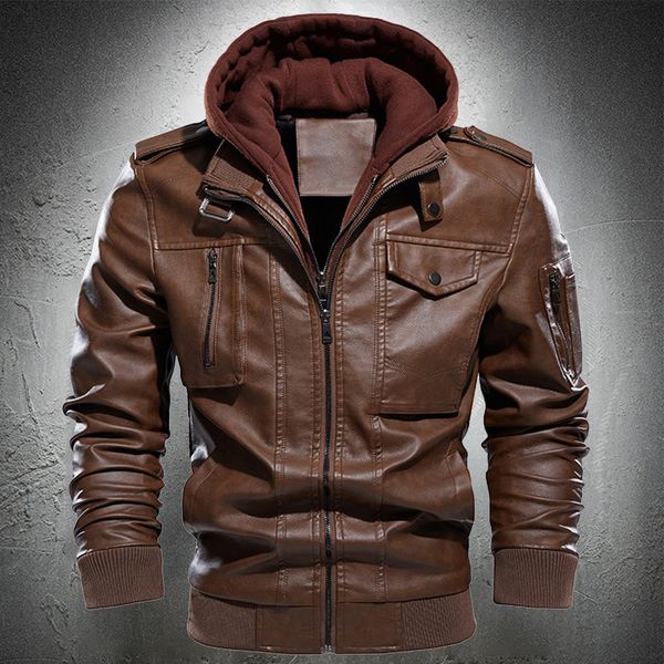 2021 new men autumn winter hooded brown leather jacket vintage style male fashion coat ijt0, Black
2021 new men autumn winter hooded brown leather jacket vintage style male fashion coat ijt0, Black