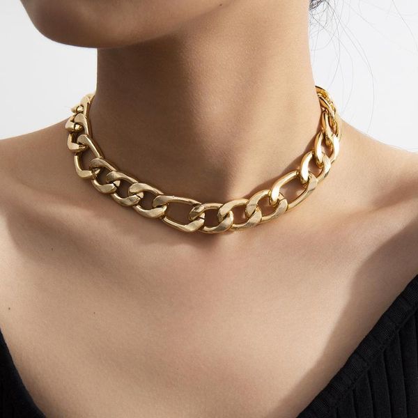 chokers simple geometric aluminum chain necklace hip hop metal clavicle thick cuban link trendy women's punk choker, Golden;silver
