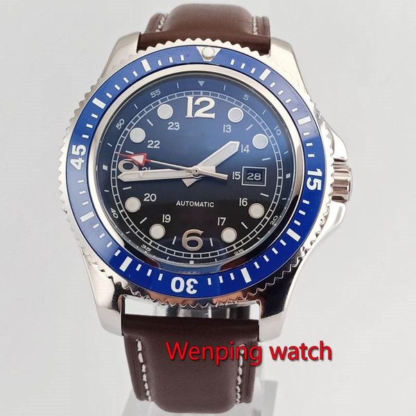 wristwatches solid bliger 44mm black sterile dial ceramic turning bezel luminous marks leather strap automatic movement men's watch, Slivery;brown 
wristwatches solid bliger 44mm black sterile dial ceramic turning bezel luminous marks leather strap automatic movement men's watch, Slivery;brown