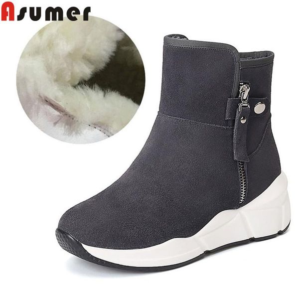 

asumer 2020 new suede leather wool boots round toe ladies ankle boots casual flat with keep warm winter sonw women, Black