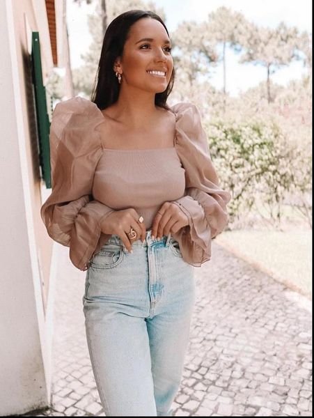 vintage chic pink mesh spliced short blouses 2021 za fashion women long flare sleeve square collar shirts, White
vintage chic pink mesh spliced short blouses 2021 za fashion women long flare sleeve square collar shirts, White