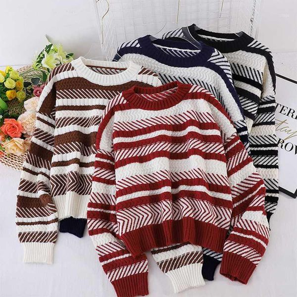 fall 2020 women striped sweater korean japanese style twist knitted pullover sweater round neck jumper1, White;black 
fall 2020 women striped sweater korean japanese style twist knitted pullover sweater round neck jumper1, White;black