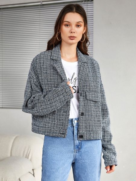 plaid pattern flap detail drop shoulder tweed jacket i2xk#, Black
plaid pattern flap detail drop shoulder tweed jacket i2xk#, Black