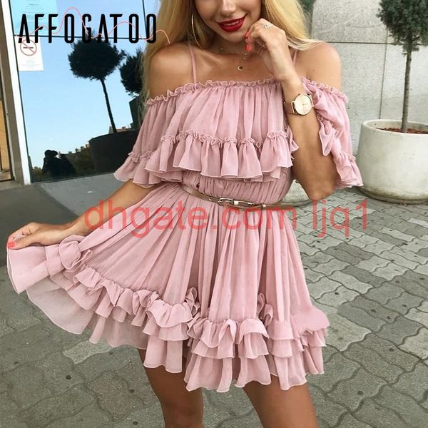 affogatoo elegant ruffle off shoulder strap summer pink dress women casual chiffon pleated blue dress loose holiday short, Black;gray 
affogatoo elegant ruffle off shoulder strap summer pink dress women casual chiffon pleated blue dress loose holiday short, Black;gray