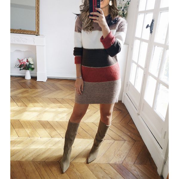 women ladies sweatershirt patchwork striped long sleeves knitdress pullover autumn winter sweater dress fashion casual sweater ly1120, White
women ladies sweatershirt patchwork striped long sleeves knitdress pullover autumn winter sweater dress fashion casual sweater ly1120, White