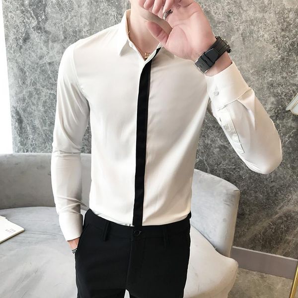 men's dress shirts fashion autumn men shirt brand slim fit casual for clothes 2021 long sleeve ribbon patchwork tuxedo blouses1, White;black
men's dress shirts fashion autumn men shirt brand slim fit casual for clothes 2021 long sleeve ribbon patchwork tuxedo blouses1, White;black