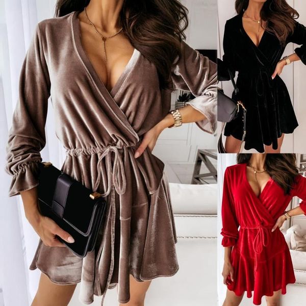 women long sleeve deep v neck waist tight drawstring velvet mini dress, Black;gray
women long sleeve deep v neck waist tight drawstring velvet mini dress, Black;gray