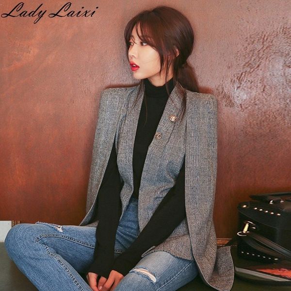 new long sleeve cape blazer coat women notched split cloak cape jacket suit women's blazer ol office workwear plaid black 201023, White;black
new long sleeve cape blazer coat women notched split cloak cape jacket suit women's blazer ol office workwear plaid black 201023, White;black