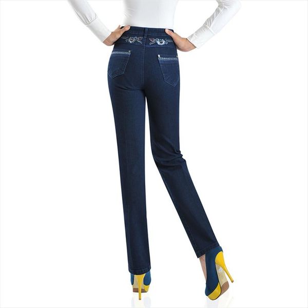 

plus size casual pants women summer jeans elasticity straight pants embroidery middle aged female high waist denim 2656, Blue