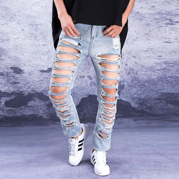 hole jeans men's summer trend nine points pants tide brand big hole exaggerated super denim pants high street men fashion1, Blue 
hole jeans men's summer trend nine points pants tide brand big hole exaggerated super denim pants high street men fashion1, Blue