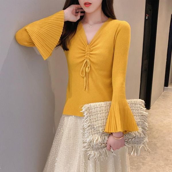 women's sweaters autumn and winter style drawstring v-neck horn long-sleeve sweater slim pullover bottoming shirt top, White;black
women's sweaters autumn and winter style drawstring v-neck horn long-sleeve sweater slim pullover bottoming shirt top, White;black