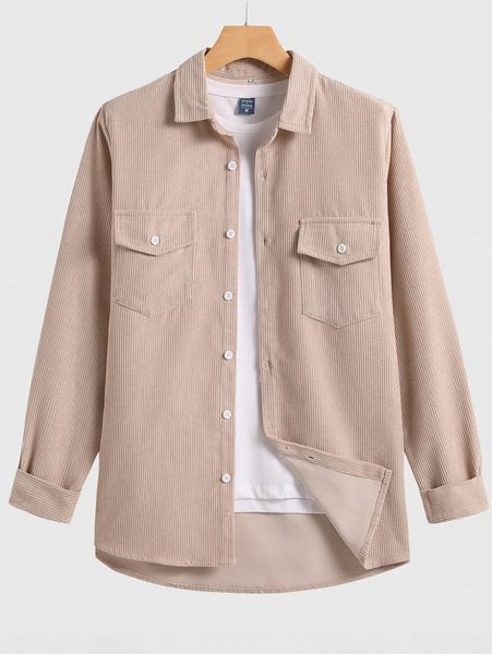 men corduroy flap pocket button front shirt 397b#, White;black
men corduroy flap pocket button front shirt 397b#, White;black