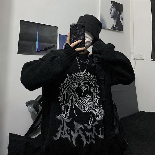 men's sweaters harajuku sweater women man punk streetwear jacquard print knitted pullover korean fashion pull jumper autumn 2021, White;black
men's sweaters harajuku sweater women man punk streetwear jacquard print knitted pullover korean fashion pull jumper autumn 2021, White;black