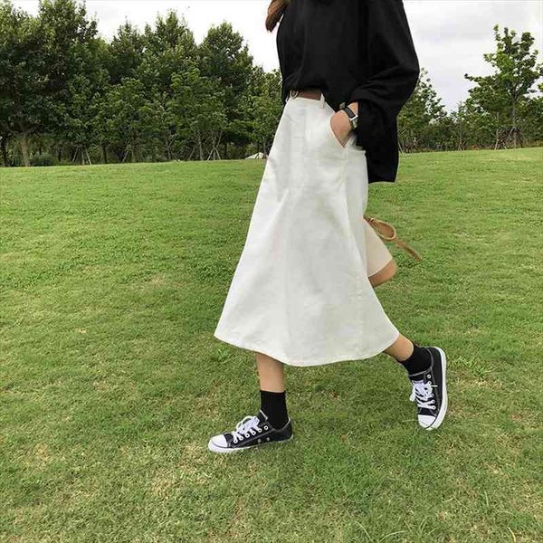 Basic Cotton Midi Skirt High Waist Women Denim Skirts White S m l, Black 
Basic Cotton Midi Skirt High Waist Women Denim Skirts White S m l, Black