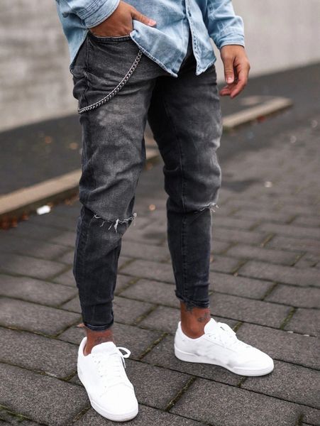 men ripped washed jeans without chain j88g#, Blue