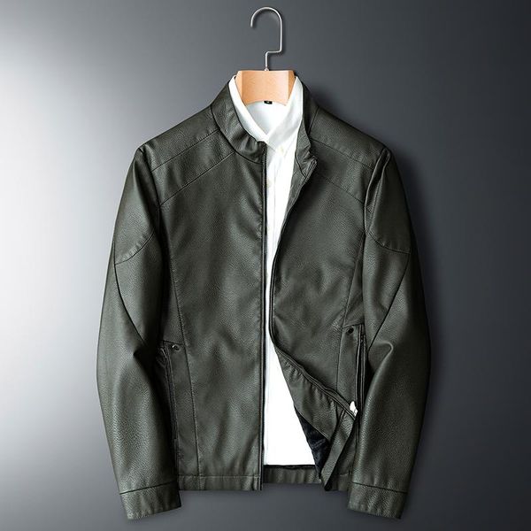 new brand warm men pu leather jacket male zipper motorcycle coat stand collar solid mens winter windbreaker faux leather outwear, Black