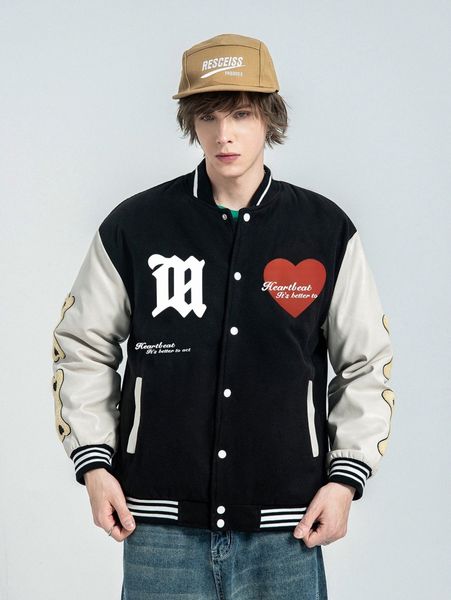 men slogan & heart print colorblock striped trim bomber jacket 72bo#, Black;brown
men slogan & heart print colorblock striped trim bomber jacket 72bo#, Black;brown