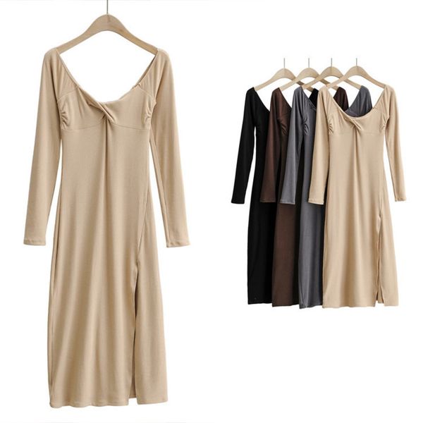 temperament style chest cross design long sleeve dress new women's high slit hip skirt, Black;gray
temperament style chest cross design long sleeve dress new women's high slit hip skirt, Black;gray